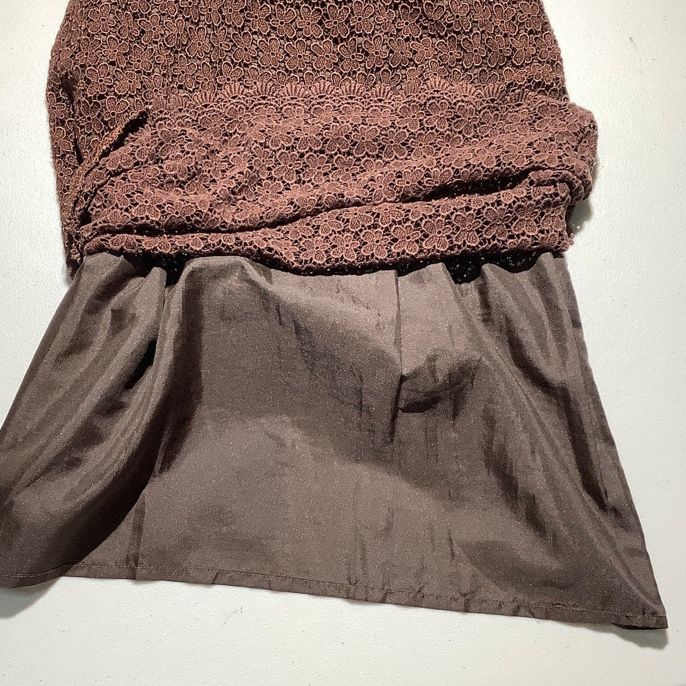 Brown Floral Lace Midi Skirt Women’s — Lined, Drawstring Waist, Elegant