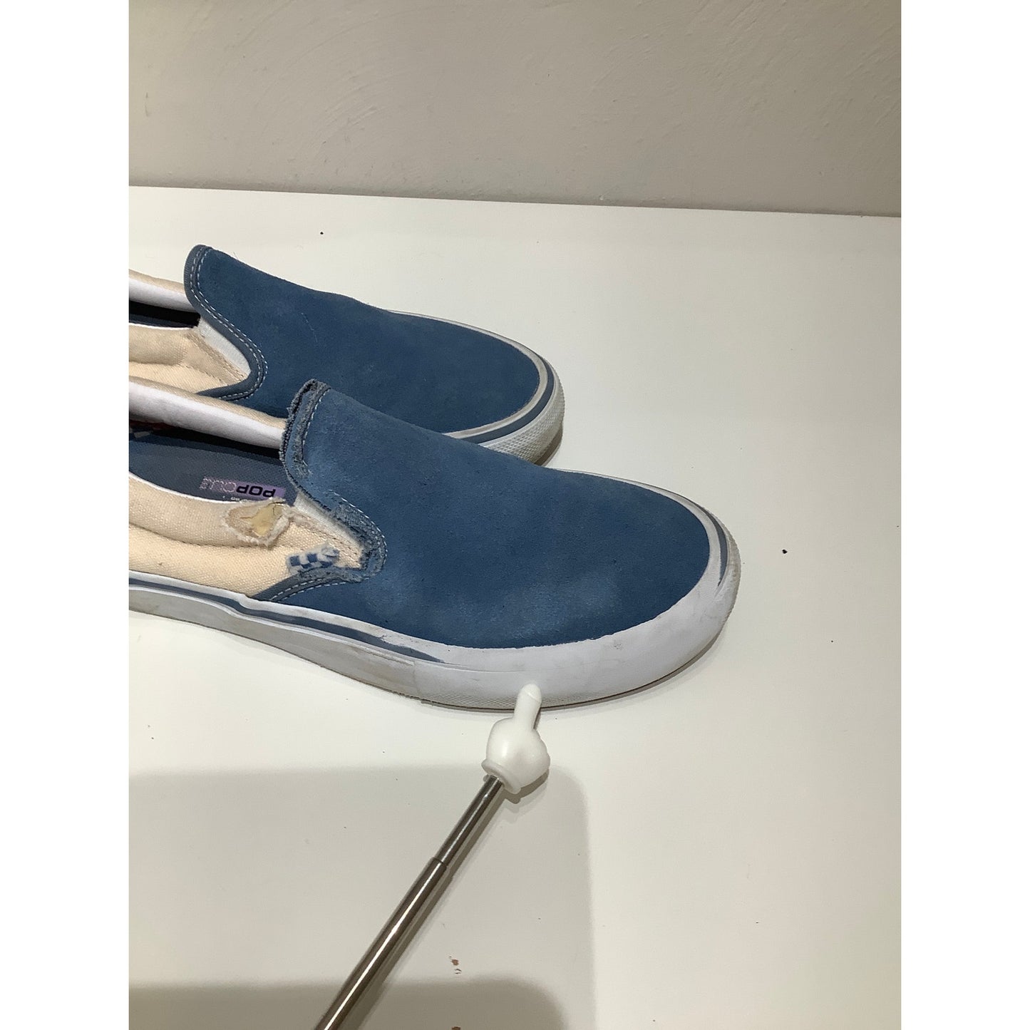 Vans Men's 7.5 Blue & Beige Slip-On Sneakers - Casual, Skate, Streetwear