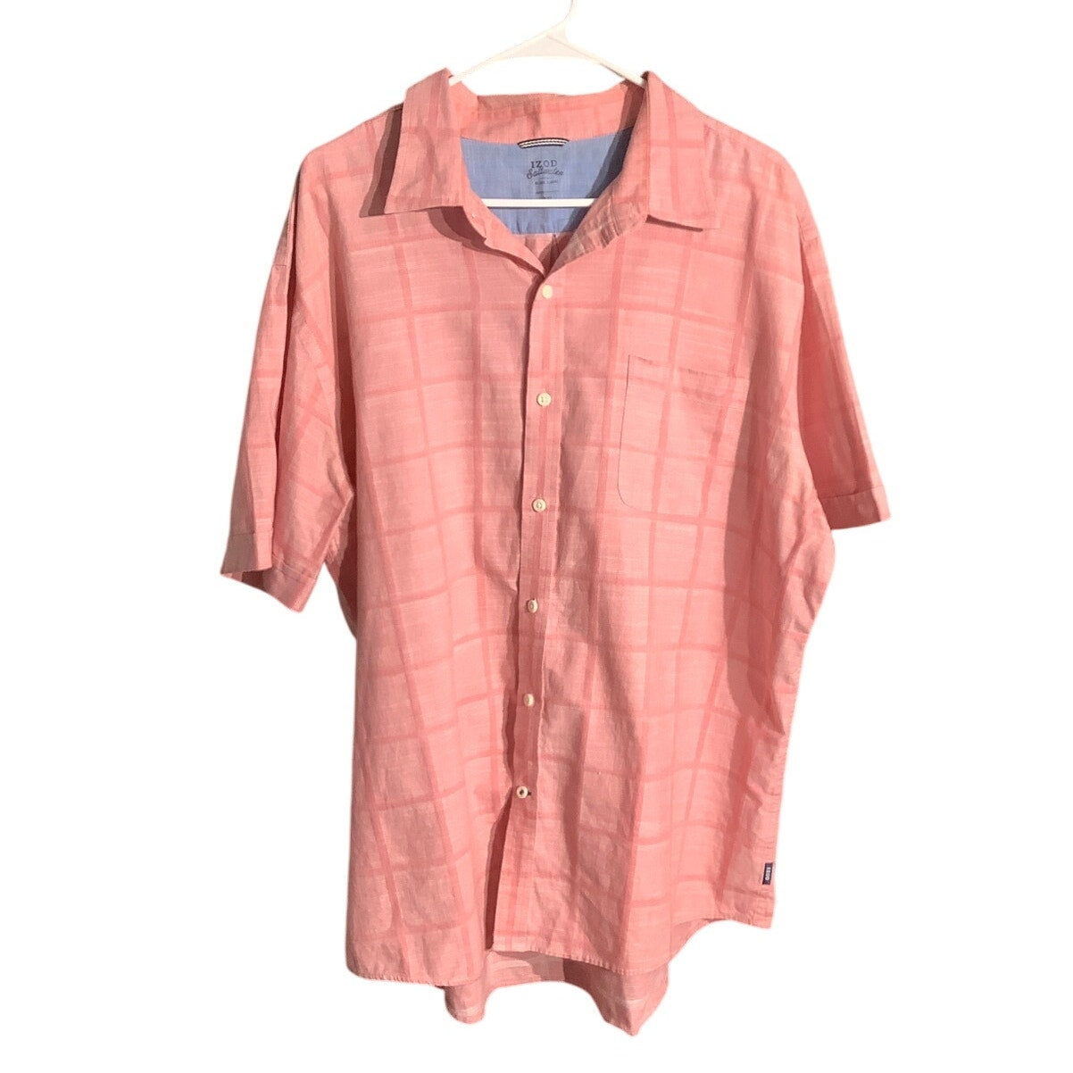 IZOD Mens Pink Size XXL Short Sleeve Shirt – Button Front, Plaid Check, Casual