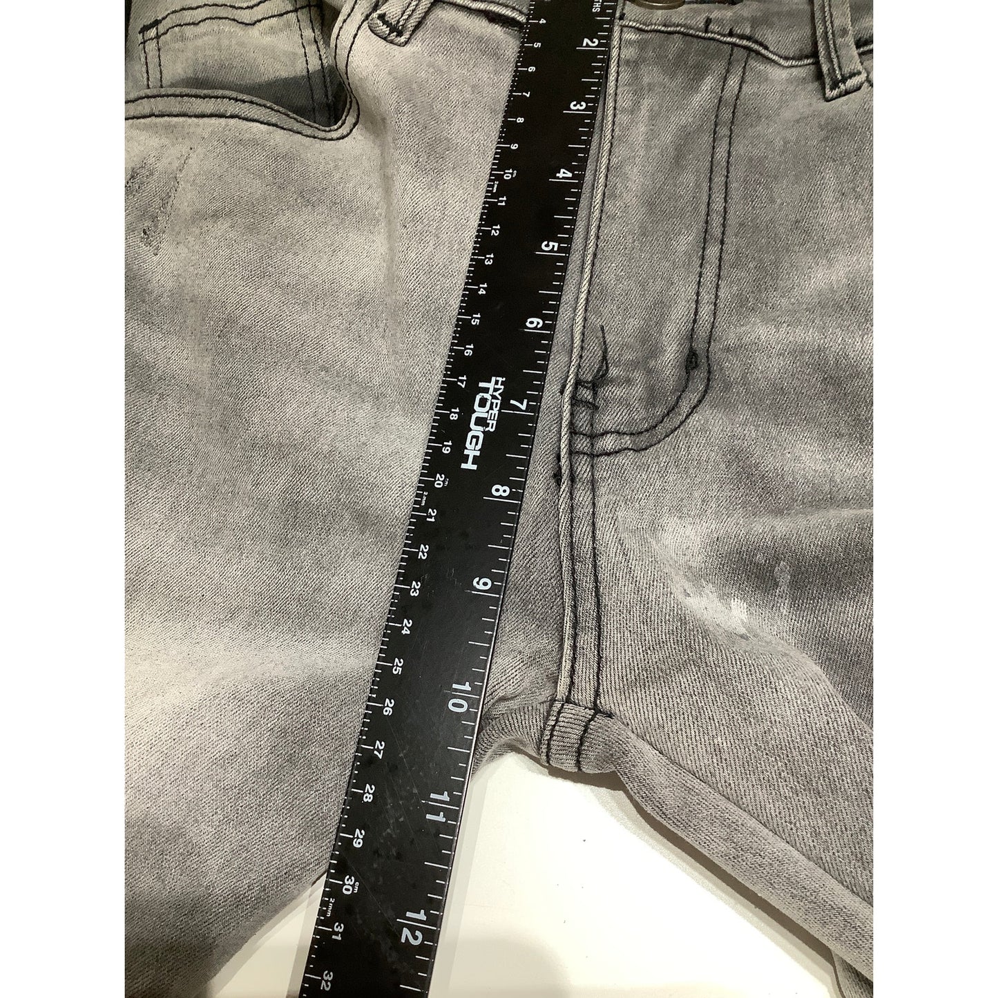 114 1411 Grey Distressed Jeans Size 32 - Grunge, Emo, Goth, Metal Ring Detail