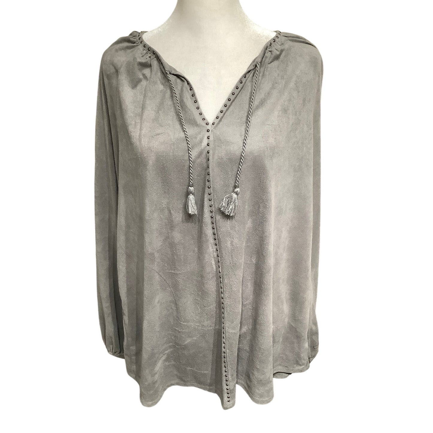 Valerie Stevens Gray Faux Suede Tassel Top, Size L – Boho, Cozy, Elegant
