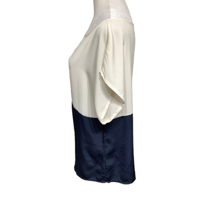 Vince Camuto Size Large Blue & Cream Colorblock Short Sleeve Blouse Office Siren