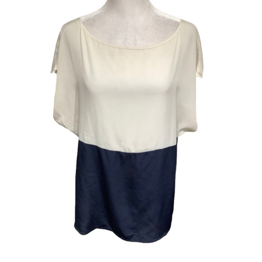 Vince Camuto Size Large Blue & Cream Colorblock Short Sleeve Blouse Office Siren