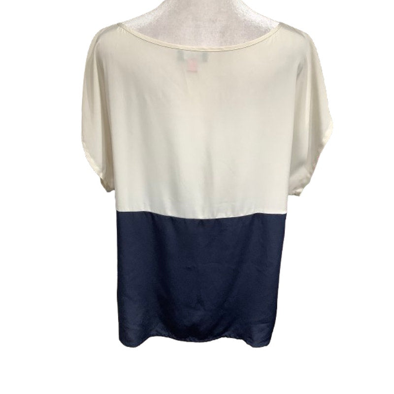 Vince Camuto Size Large Blue & Cream Colorblock Short Sleeve Blouse Office Siren