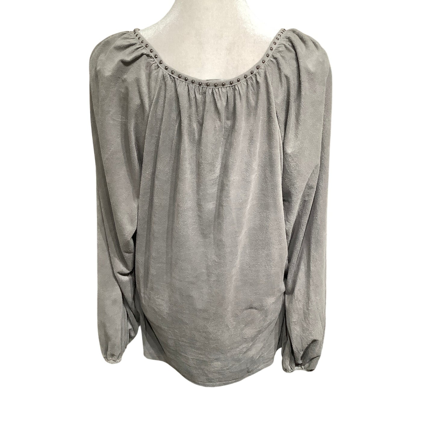 Valerie Stevens Gray Faux Suede Tassel Top, Size L – Boho, Cozy, Elegant