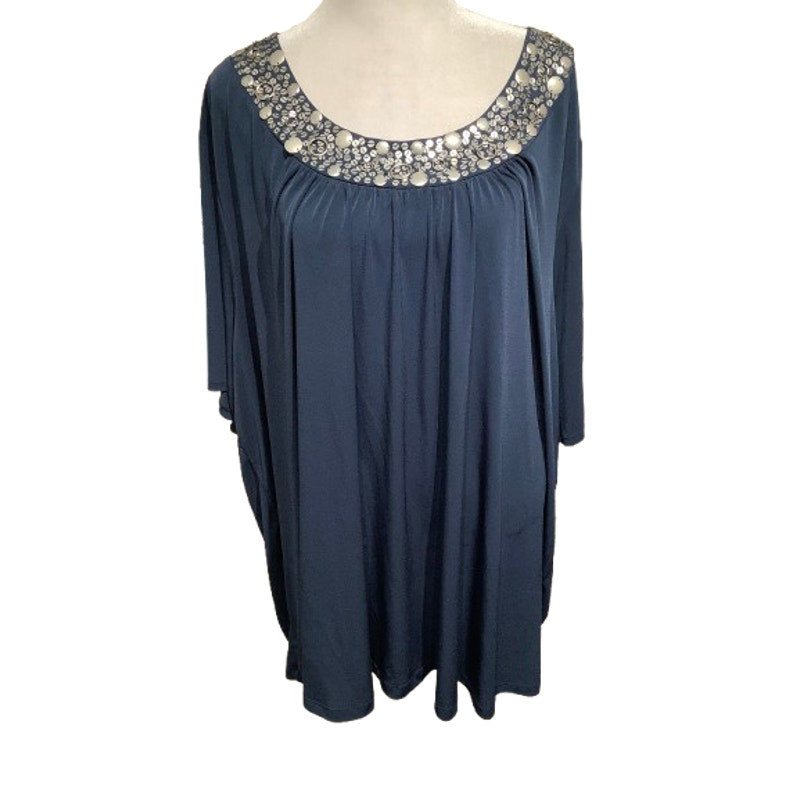 Maggie Barnes Navy Beaded Tunic 4X - Elegant, Boho, Glam