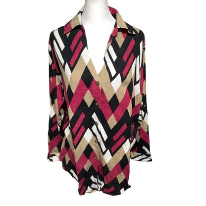 Ashley Stewart Multicolor Print Long Sleeve Top 14 Bold, Art Deco, Statement