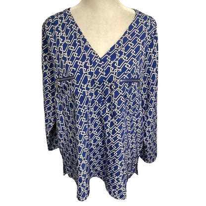 Adrienne Vittadini Blue/White Geometric Print Long Sleeve Top L Preppy, Bold