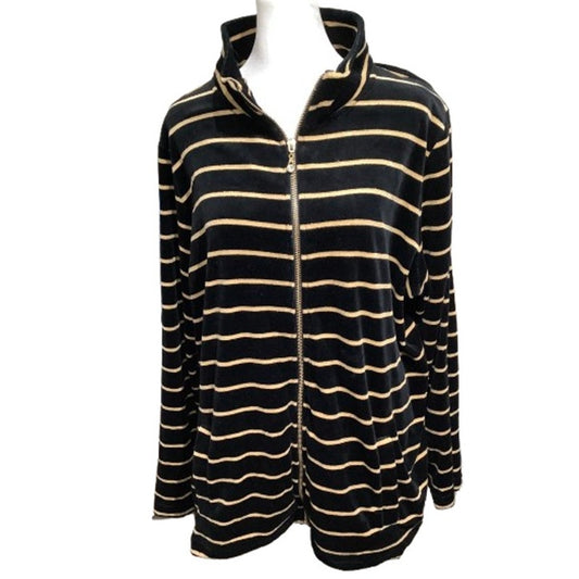 Quacker Factory Black & Gold Striped Velvet Zip-Up Jacket XL Vintage, Glam, Cozy