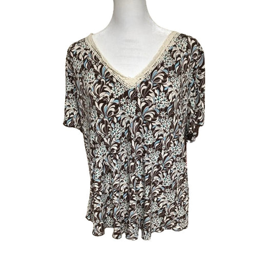 Susan Lawrence Brown Floral Short Sleeve Top - Sz 2X - Lace Detail