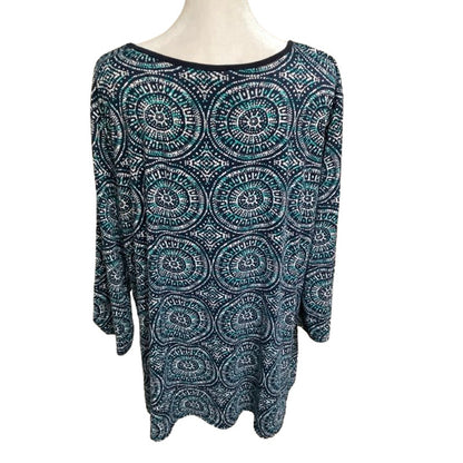 Front of Closet 3/4 Sleeve Blue Geometric Print Top 3X- Boho, Geometric, Navy