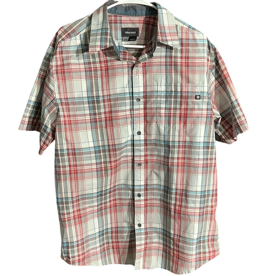 Marmot Red Gray Plaid Button Down Shirt Men’s L — Outdoor, Hiking, Gorpcore