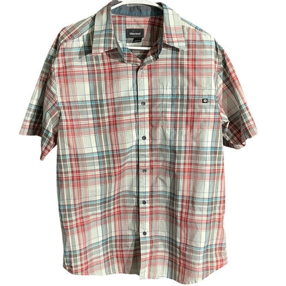 Marmot Red Gray Plaid Button Down Shirt Men’s L — Outdoor, Hiking, Gorpcore