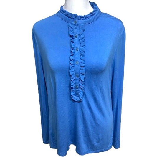 Talbots Blue Long Sleeve Ruffle Button Top M Feminine Cottagecore Regency Casual