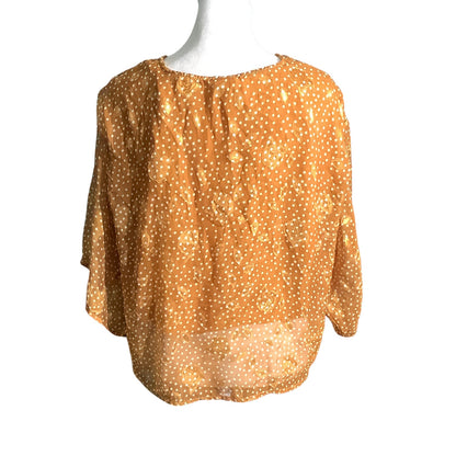 By Together Gold Sheer Floral Blouse Women’s Medium — Boho, Tie Front, Flowy