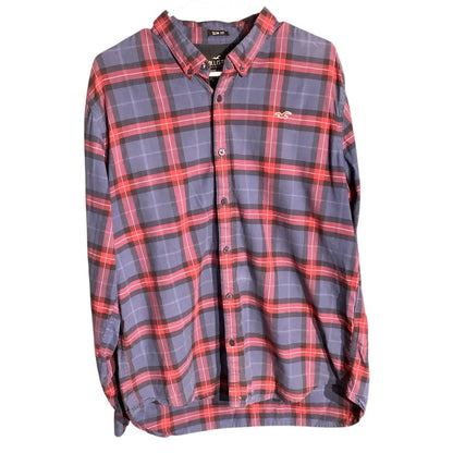 Hollister Men's XL Navy Red Plaid Epic Flex Stretch Slim Fit Shirt
