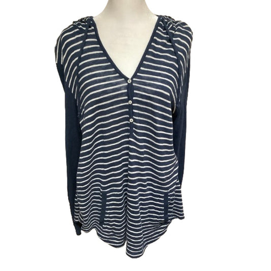 J. Jill Blue & White Striped Hooded Long Sleeve Top M Casual, Cozy, Nautical