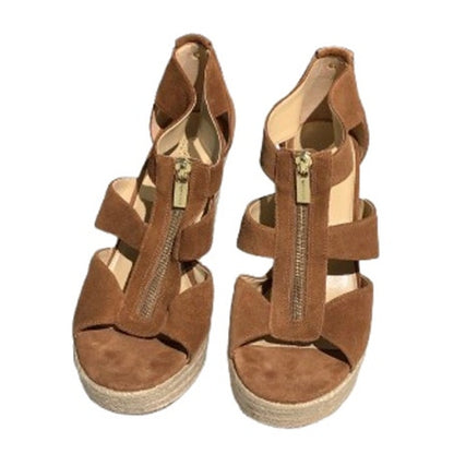 Michael Kors Damita Espadrille Wedge Sandals 9.5M – Suede, Zip Front, Summer
