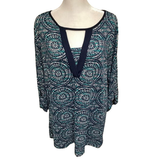 Front of Closet 3/4 Sleeve Blue Geometric Print Top 3X- Boho, Geometric, Navy