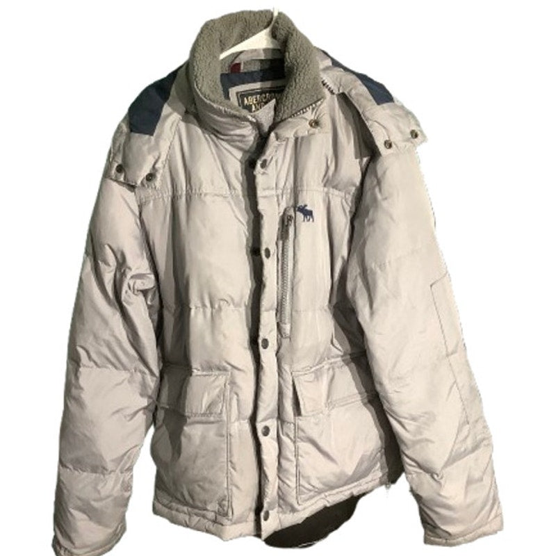 Abercrombie & Fitch Men’s Gray Puffer Jacket Large – Down Fill, Warm, Hooded