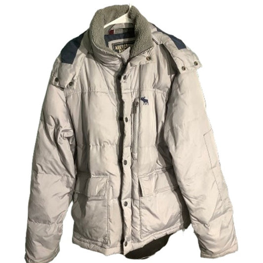 Abercrombie & Fitch Men’s Gray Puffer Jacket Large – Down Fill, Warm, Hooded