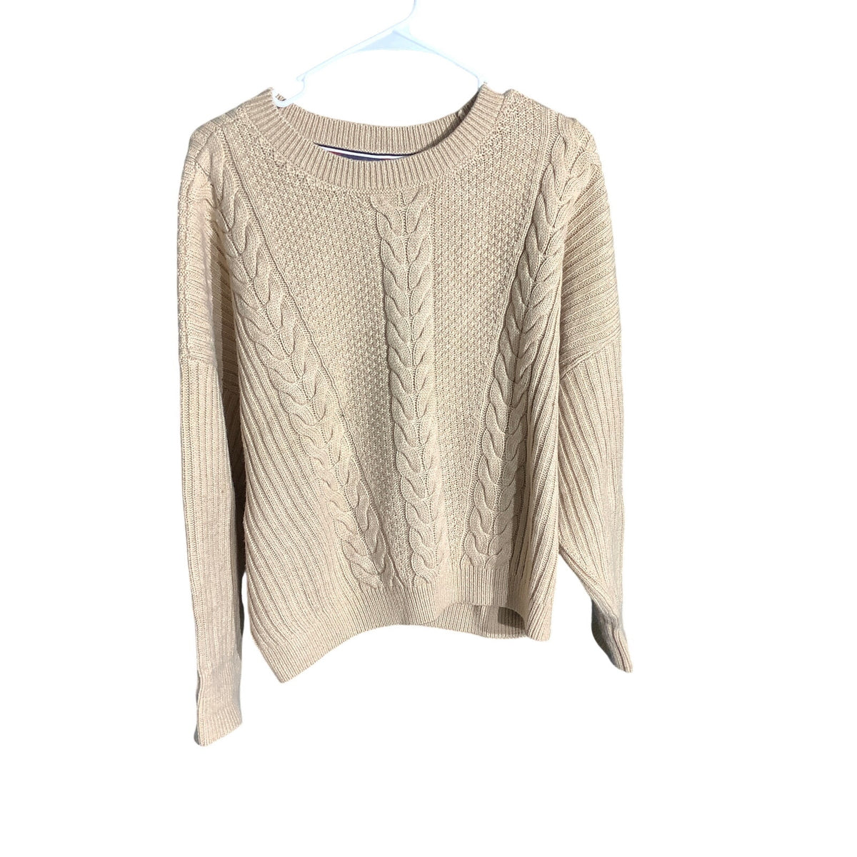 Tommy Hilfiger Men's Large Tan Cable Knit Braided Crewneck Sweater