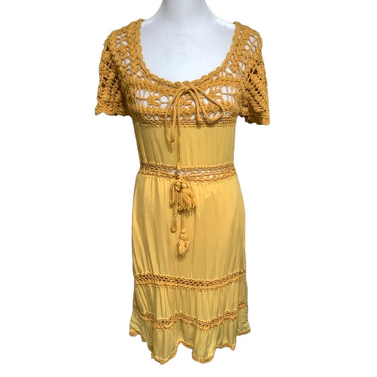 Cleobella Mustard Crochet Detail Midi Dress, XS Petite Boho Cottagecore Festival