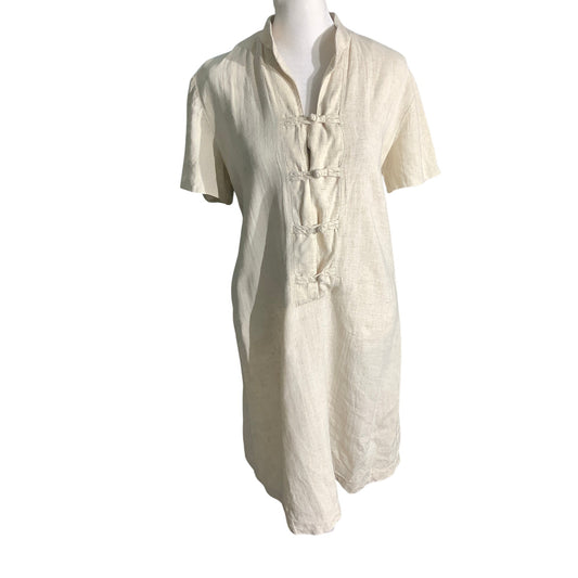 Orvis Beige Linen Boho Dress Size M — Mandarin, Cottagecore, Relaxed
