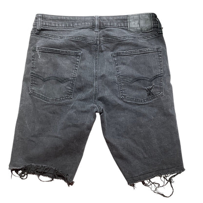 American Eagle Black Denim Shorts Men’s 32 –Distressed, Frayed Hem, Extreme Flex