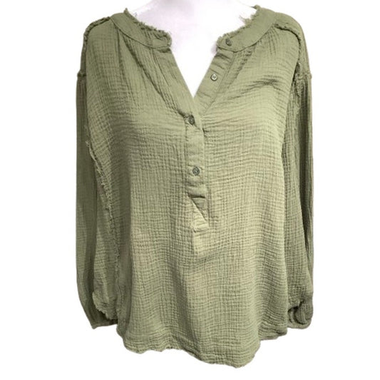 Unbranded Army Green Gauze Balloon Sleeve Top – Boho, Lagenlook, Cottagecore