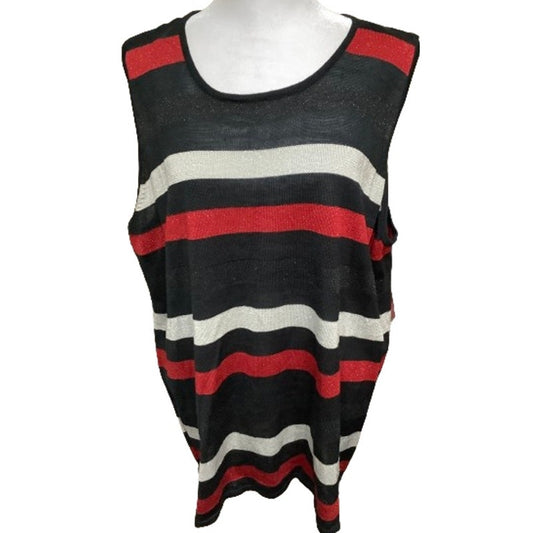 Maggie Barnes Black Red Silver Women's Vest 1X Striped, Sleeveless, Shimmering