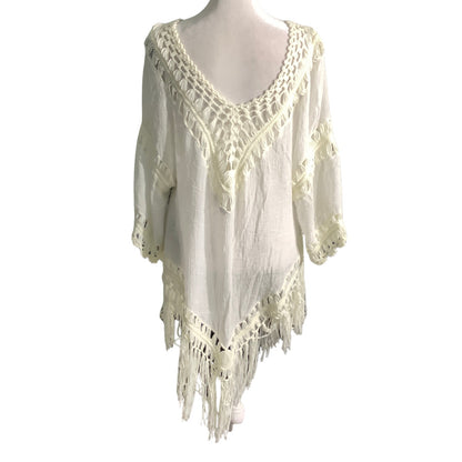 Time Line Ivory Crochet Boho Cover Up Tunic Women’s 1X — Fringe, Beach, Festival