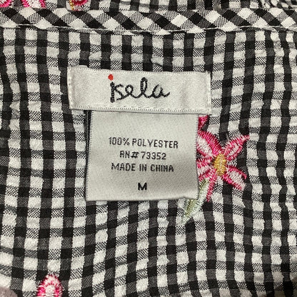 Isela Black, White, and Pink Gingham Floral Embroidered Top - Size M