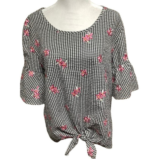 Isela Black, White, and Pink Gingham Floral Embroidered Top - Size M