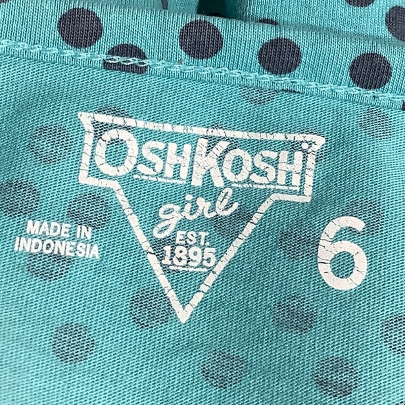 OshKosh Girls 6 Turquoise Black Polka Dot Babydoll Top 100% Cotton Long Sleeve