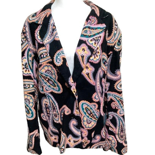 Bechamel Black Paisley Corduroy Jacket, Size L - Vintage, Boho, Office Chic
