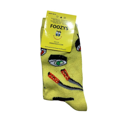 Foozys Yellow Sushi Crew Socks Size 9–11 — Novelty Food Print, Fun Gift, NWT