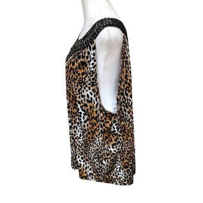 Carolyn Taylor Sleeveless Top 3X Leopard Print Embellished Boho Chic - Flaw