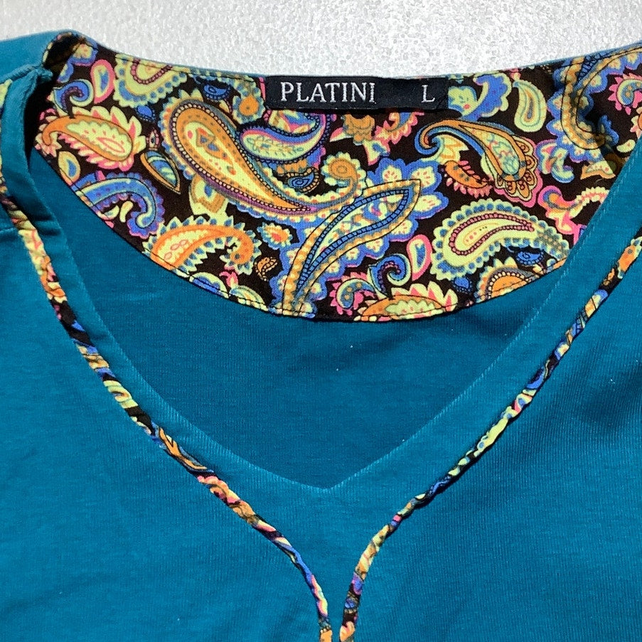 Platini Teal Paisley Trim Henley T-Shirt Men’s L — Luxury, Casual, Y2K