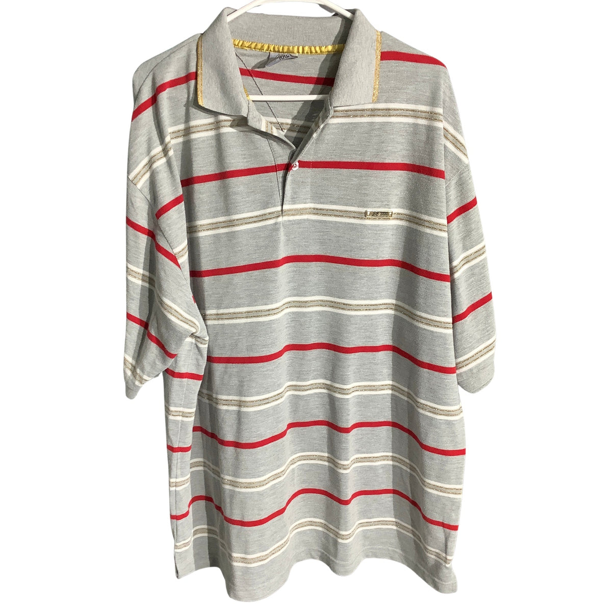 Old Skool Men’s XXL Gray Gold Red Striped Short Sleeve Polo — Retro, Y2K, Preppy