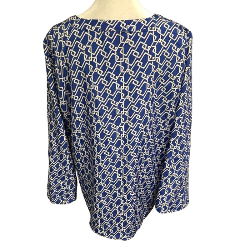 Adrienne Vittadini Blue/White Geometric Print Long Sleeve Top L Preppy, Bold