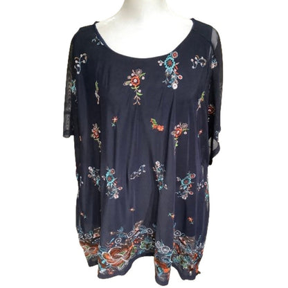 CleoKai Blue Multicolor L Blouse - Boho, Embroidered, Chic, Shear, Oversized