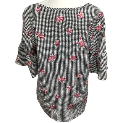 Isela Black, White, and Pink Gingham Floral Embroidered Top - Size M