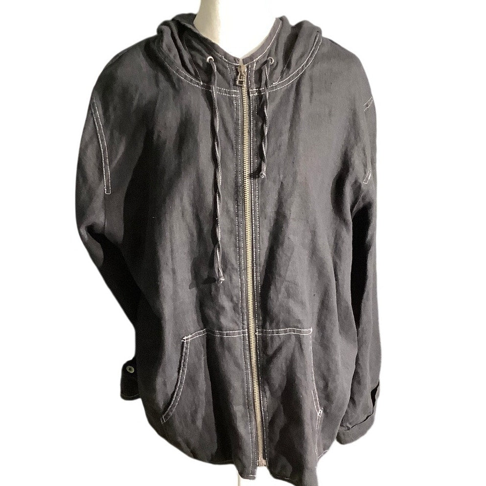 Chico’s Black Linen Zip Hoodie Women’s 8 — Casual, Minimalist, Layering