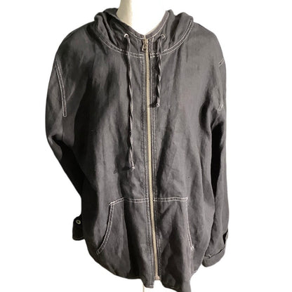 Chico’s Black Linen Zip Hoodie Women’s 8 — Casual, Minimalist, Layering
