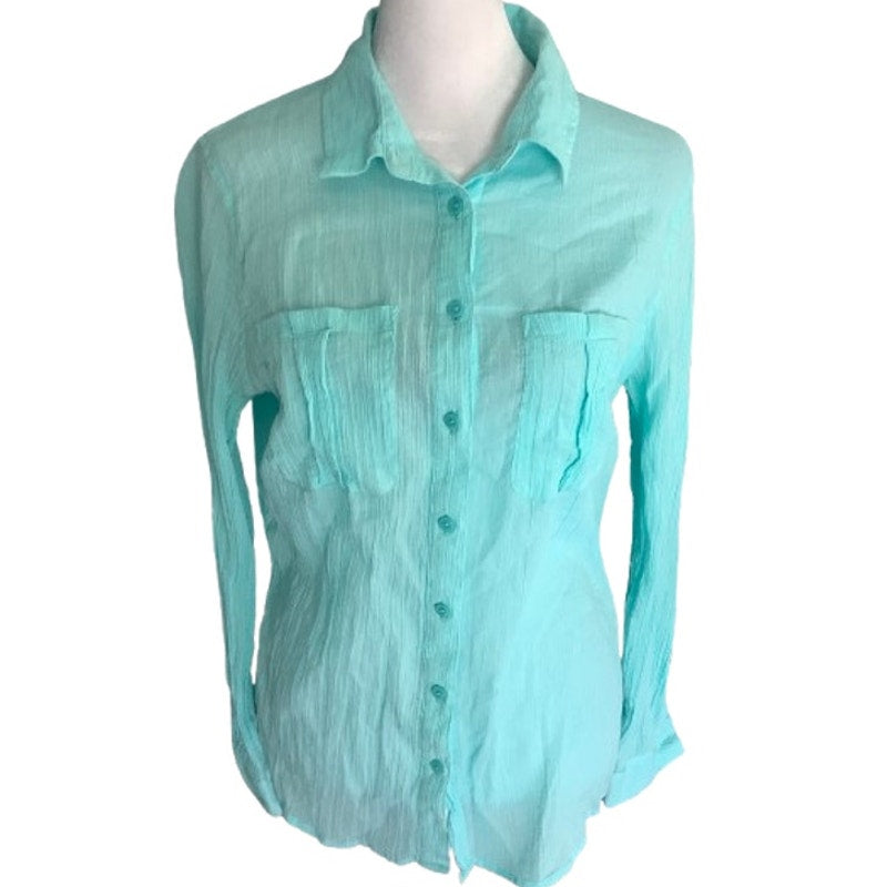 Banana Republic Sheer Crinkle Button-Up Shirt Cyan S- Boho, Lightweight, Casual