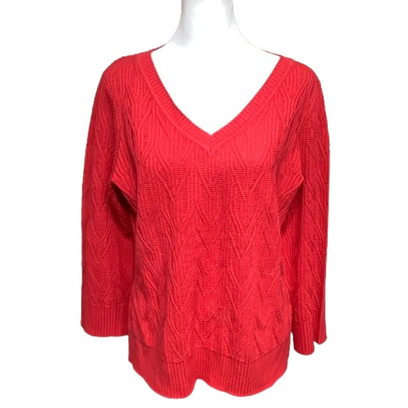 Elie Tahari Red V-Neck Cable Knit Sweater - Sz L, Elegant, Vibrant, Contemporary