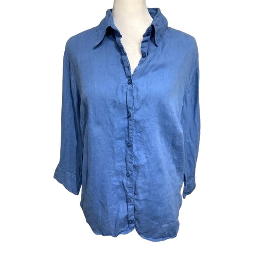 L.L.Bean Women Blue Linen Button-Up Shirt, Size M – Classic, Coastal, Minimalist