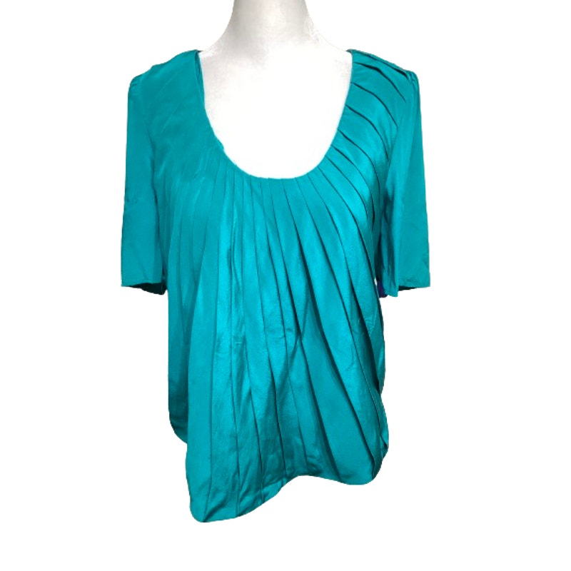 Madison Marcus Silk Pleated Short Sleeve Top M Teal Boho Elegant Feminine