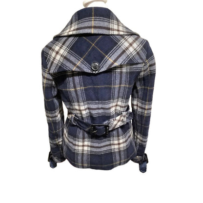 E-Land Blue Plaid Short Peacoat - Preppy, Classic, Timeless